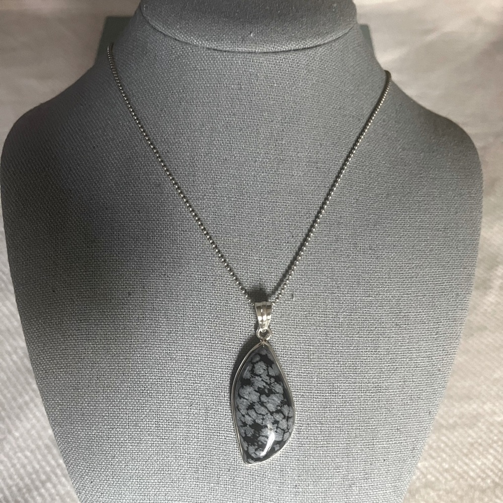 Heavy Genuine Snowflake Obsidian Natural Stone Sterling Pendant Unisex Necklace